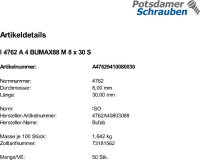 50 Innensechskant Zylinderkopfschrauben ISO 4762 A4 BUMAX88 M8x30 A4 - 88 Edelstahl