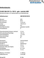 50 Innensechskant Zylinderschrauben niedrig DIN 6912 8.8 verzinkt M12x120