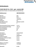 25 Innensechskant Zylinderschrauben niedrig DIN 6912 8.8 verzinkt M16x120