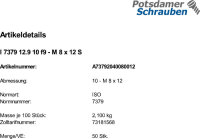 50 Pass Schulterschrauben ISO 7379 12.9 10 f9 - M8x12 Stahl