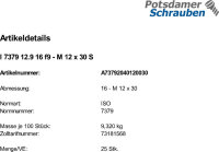 25 Pass Schulterschrauben ISO 7379 12.9 16 f9 - M12x30 Stahl