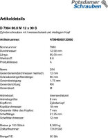 50 Innensechskant Zylinderkopfschrauben niedrig DIN 7984 8.8 schwarz M12x90