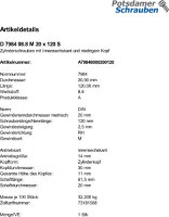 1 Innensechskant Zylinderkopfschrauben niedrig DIN 7984 8.8 schwarz M20x120