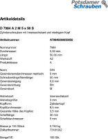 100 Edelstahl V2A Innensechskant Zylinderkopfschrauben niedrig DIN 7984 A2 M5x50