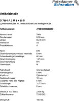 100 Edelstahl V2A Innensechskant Zylinderkopfschrauben niedrig DIN 7984 A2 M8x60