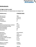 100 Edelstahl V2A Innensechskant Zylinderkopfschrauben niedrig DIN 7984 A2 M10x40