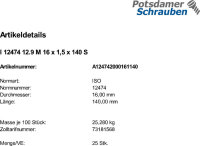 25 Innensechskant Feingewinde Zylinderschrauben ISO 12474 12.9 M16x1,5x140
