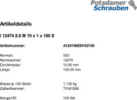 100 Innensechskant Feingewinde Zylinderschrauben ISO 12474 8.8 M10x1x100