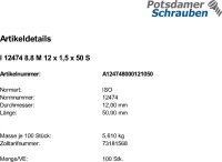 100 Innensechskant Feingewinde Zylinderschrauben ISO 12474 8.8 M12x1,5x50