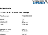 100 Innensechskant Zylinderkopfschrauben DIN 912 8.8...