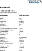 25 Innensechskant Senkkopfschrauben ISO 10642 8.8 schwarz M20x40