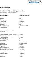 10 Innensechskant Senkkopfschrauben ISO 10642 8.8 verzinkt M20x200