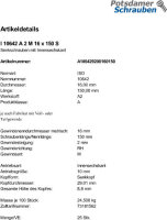25 Edelstahl V2A Innensechskant Senkkopfschrauben ISO 10642 A2 M16x150