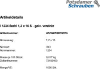 1000 Splinte ISO 1234 verzinkt 1,2x16