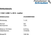 1000 Edelstahl Splinte ISO 1234 1.4300 1x20
