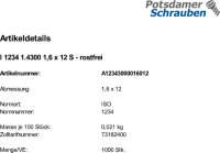 1000 Edelstahl Splinte ISO 1234 1.4300 1,6x12