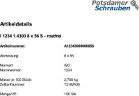 100 Edelstahl Splinte ISO 1234 1.4300 8x56
