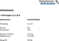 100 Splinte ISO 1234 Kupfer 3,2x20