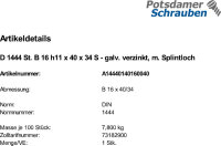 1 Bolzen DIN 1444 verzinkt St. B 16 h11x40x34