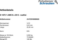 100 Edelstahl A1 Passkerbstifte DIN 1472 1.4305 8x20