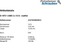 100 Edelstahl A1 Zylinderkerbstifte DIN 1473 1.4305 3x12