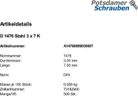 500 Halbrundkerbnägel DIN 1476 Stahl 3x7