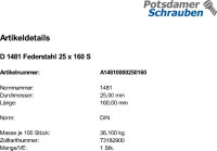 1 Spannstifte DIN 1481 Federstahl 25x160