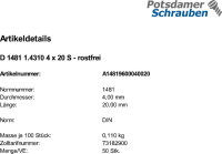 50 Edelstahl Spannstifte DIN 1481 1.4310 4x20