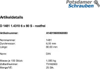 25 Edelstahl Spannstifte DIN 1481 1.4310 6x80