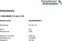 100 Zylinderstifte ISO 2338 Stahl 9S20K 2,5 m6 x 12