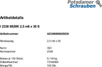 100 Zylinderstifte ISO 2338 Stahl 9S20K 2,5 m6 x 30