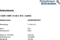 100 Edelstahl A1 Zylinderstifte ISO 2338 1.4305 1,5 m6 x 16