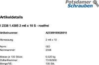 100 Edelstahl A1 Zylinderstifte ISO 2338 1.4305 2 m6 x 10
