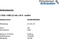 100 Edelstahl A1 Zylinderstifte ISO 2338 1.4305 2,5 m6 x 24