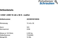 10 Edelstahl A1 Zylinderstifte ISO 2338 1.4305 10 m6 x 36