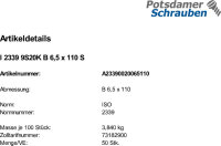 50 Kegelstifte ISO 2339 9S20K B 6,5x110 Stahl