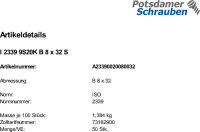 50 Kegelstifte ISO 2339 9S20K B 8x32 Stahl