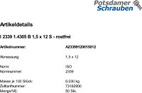50 Edelstahl A1 Kegelstifte ISO 2339 1.4305 B 1,5x12