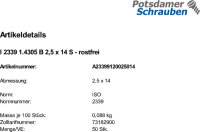 50 Edelstahl A1 Kegelstifte ISO 2339 1.4305 B 2,5x14