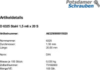 100 Zylinderstifte DIN 6325 Stahl 1,5 m6 x 20