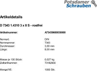 1000 Edelstahl Spiral Spannstifte DIN 7343 1.4310 3x8
