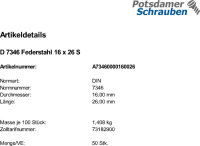 50 Spannstifte DIN 7346 Federstahl 16x26
