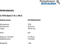 1 Zylinderstifte DIN 7979 Stahl D 16x100