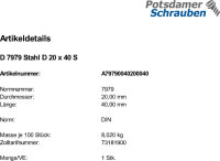1 Zylinderstifte DIN 7979 Stahl D 20x40