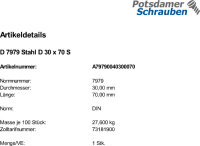 1 Zylinderstifte DIN 7979 Stahl D 30x70