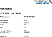 100 Zylinderstifte ISO 8734 Typ A Stahl 1,5 m6 x 20
