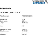 100 Zylinderstifte ISO 8734 Typ A Stahl 2,5 m6 x 16