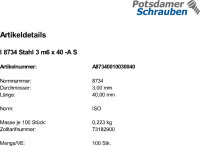 100 Zylinderstifte ISO 8734 Typ A Stahl 3 m6 x 40