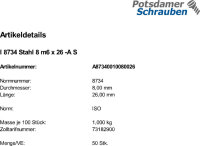 50 Zylinderstifte ISO 8734 Typ A Stahl 8 m6 x 26