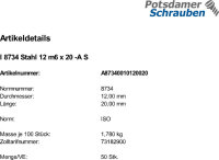50 Zylinderstifte ISO 8734 Typ A Stahl 12 m6 x 20